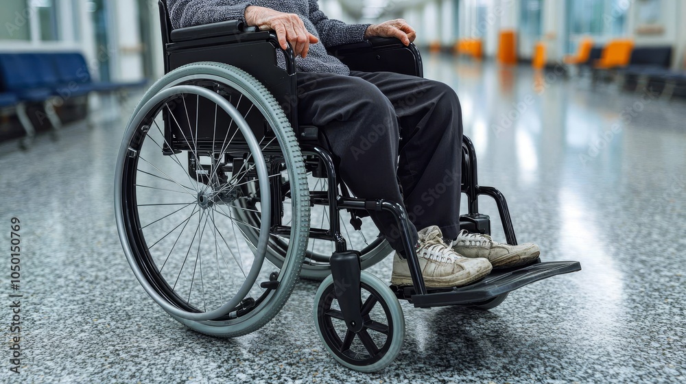 Obraz premium Elderly Patient Awaiting Appointment in Long Hospital Corridor.Concept of aging, healthcare, patience, vulnerability, and waiting, Healthcare, geriatrics, medical facilities.