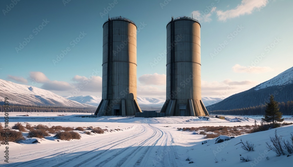 Obraz premium An atmospheric image of a missile silo in a snowy landscape, emphasizing the stark contrast between nature and military infrastructure, Generative AI