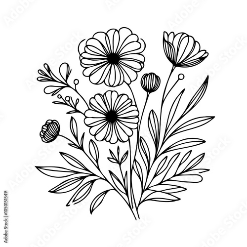 Adobe Illustrator Artwork
outline black and white line art, lineart, doodle flower. set of contour floral of cosmos, Chamomile, daisies, grasses, stems, herbs, leaves decorative elements