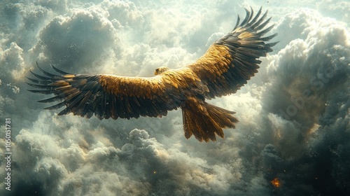 A golden eagle soars through a sky filled with fluffy white clouds, its wings spread wide. photo