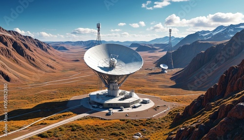 A remote satellite ground station facility is nestled in a rugged landscape, featuring large parabolic antennas that gleam under the bright sky, Generative AI