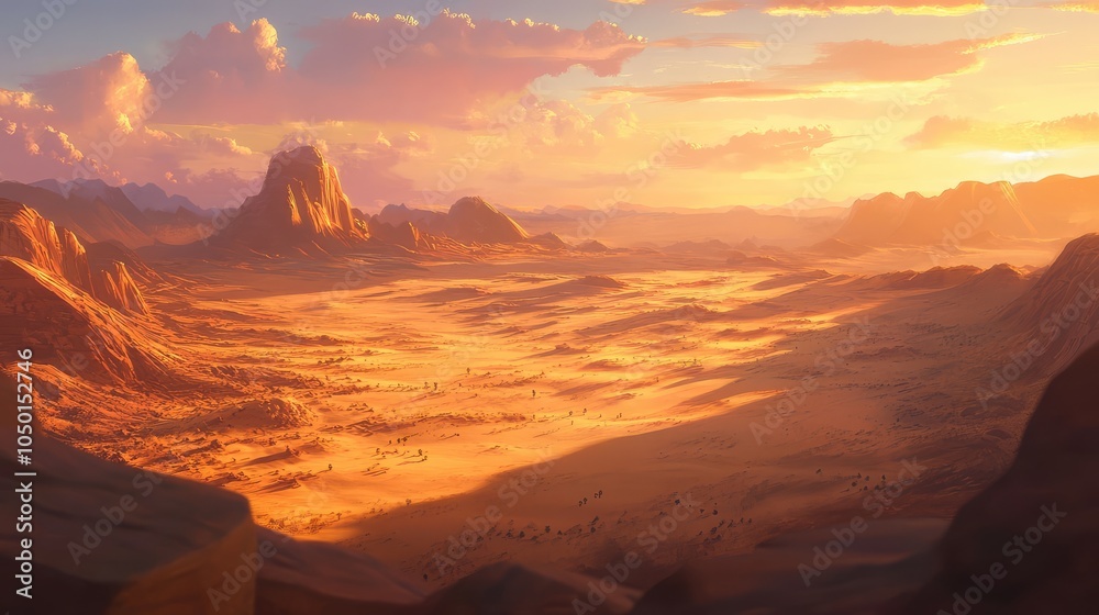 A vast desert landscape at dawn, with soft golden light illuminating the sand dunes and casting long, gentle shadows across the terrain A vast desert landscape at dawn, with soft golden light illuminating the sand dunes and casting long, gentle shadows across the terrain