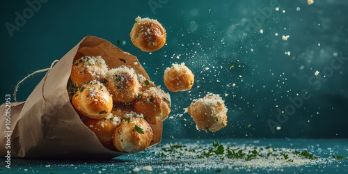 Delicious breadballs falling from a paper bag, with herbs and spices on a blue background. photo