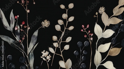 Detailed botanical watercolor illustration on dark background