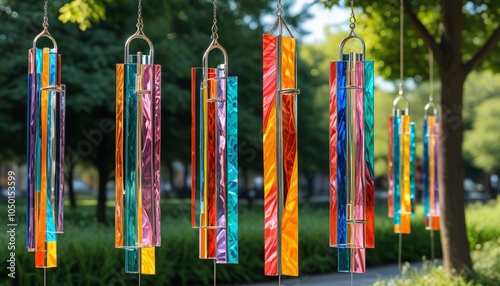 A vibrant glass wind catcher, featuring colorful panels that dance in the breeze, bringing joy and beauty to outdoor spaces while showcasing glass artistry, Generative AI photo