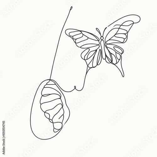 Butterfly emerging from cocoon in continuous line art