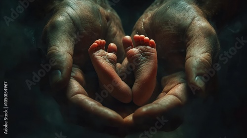 Small newborn baby legs in the shape of a heart in dad's strong male hands. Tenderness and love from birth. Care and raising of children health. banner