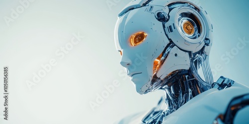 Futuristic robotic face with glowing features against a light background.