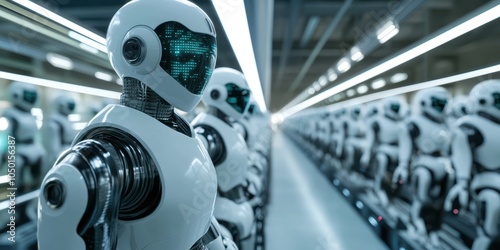 Futuristic robots lined up in a high-tech factory setting.