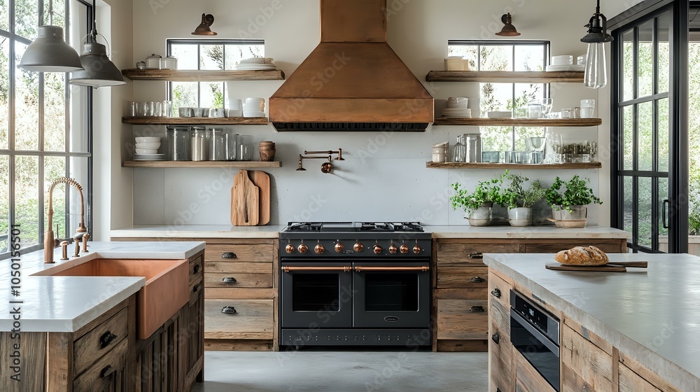 Modern rustic kitchen with reclaimed wood cabinets, open shelving, copper accents, and a large farmhouse sink Modern rustic kitchen with reclaimed wood cabinets, open shelving, copper accents, and a large farmhouse sink