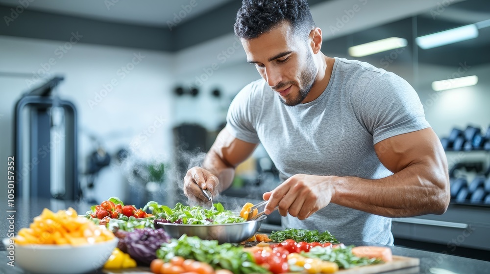 Fototapeta premium Post-Workout Recovery: Fueling Up with Fresh Ingredients,Preparing a Balanced Meal.Concept of healthy lifestyle, fitness and nutrition, meal prep for athletes, balanced diet, home gym.