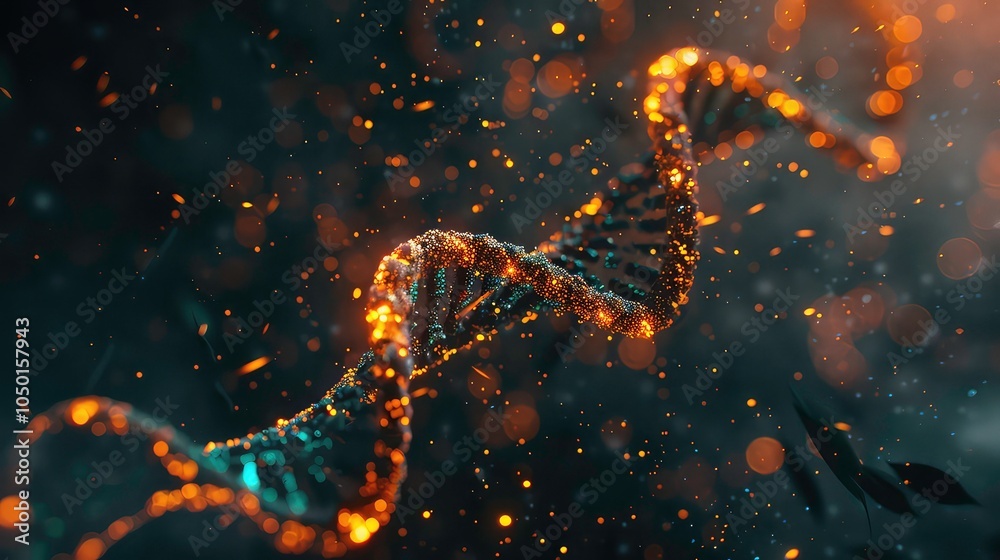 Abstract 3D rendering of a DNA double helix with glowing particles. Abstract 3D rendering of a DNA double helix with glowing particles.