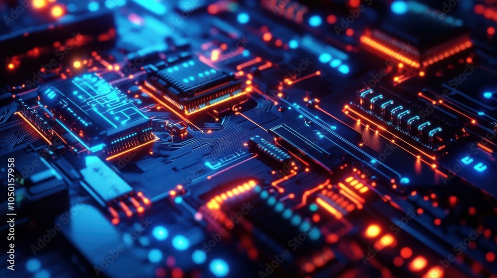 Neon circuitry with calming rhythm and futuristic tech style Neon circuitry with calming rhythm and futuristic tech style