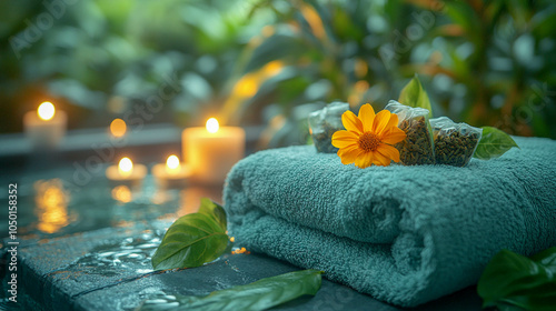 Spa Tranquility Soft Towel with Flower and Candlelit Ambiance