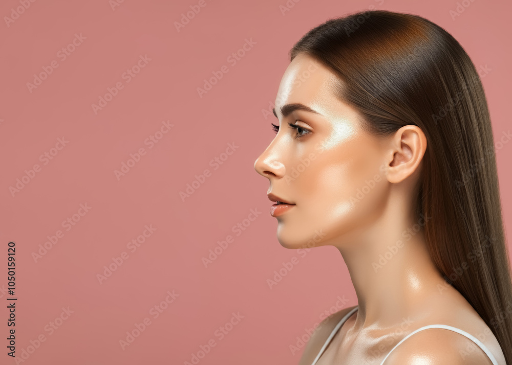 Fototapeta premium Beautiful young woman in profile with healthy shiny skin, gorgeous girl after morning beauty cosmetic routine finishes daily makeup on pink background, youth and skin care