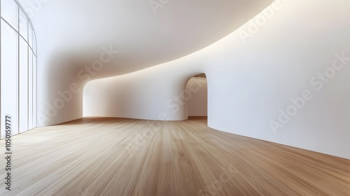 Minimalist curved white wall interior with light wooden floors, modern architectural space, clean lines, natural daylight, empty room, geometric shapes, bright contemporary design, smooth white surfac photo