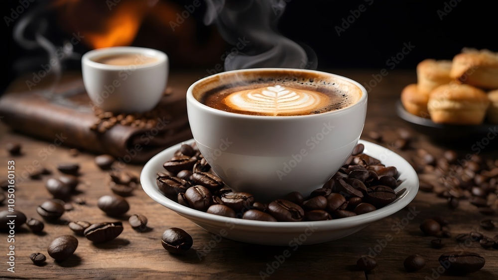 Steaming Coffee Cup Placed on a Wooden Table Surrounded by Coffee Beans and Muffins in a Cozy Atmosphere