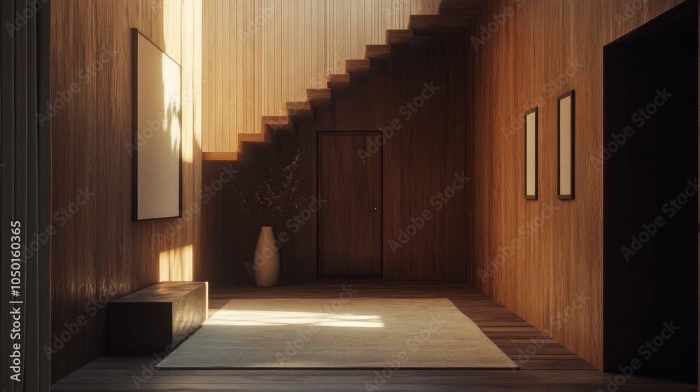 Fototapeta premium Minimalist entryway with soft wood planks, contrasting walnut walls, and a staircase leading to the upper floor