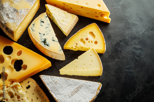 Types of cheeses, cheese platter on black surface, copyspace