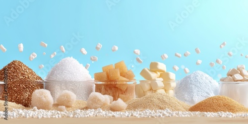 Variety of sugars and sweeteners on a bright blue background photo