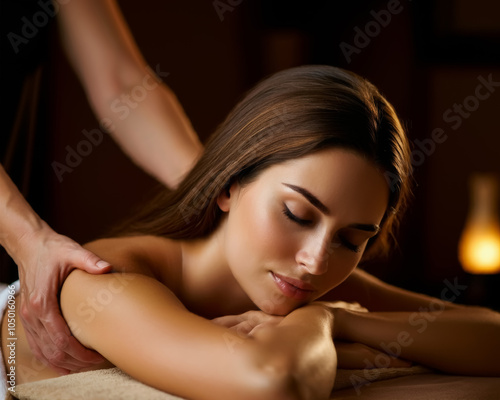 Beautiful young woman getting massage in dark warm spa salon