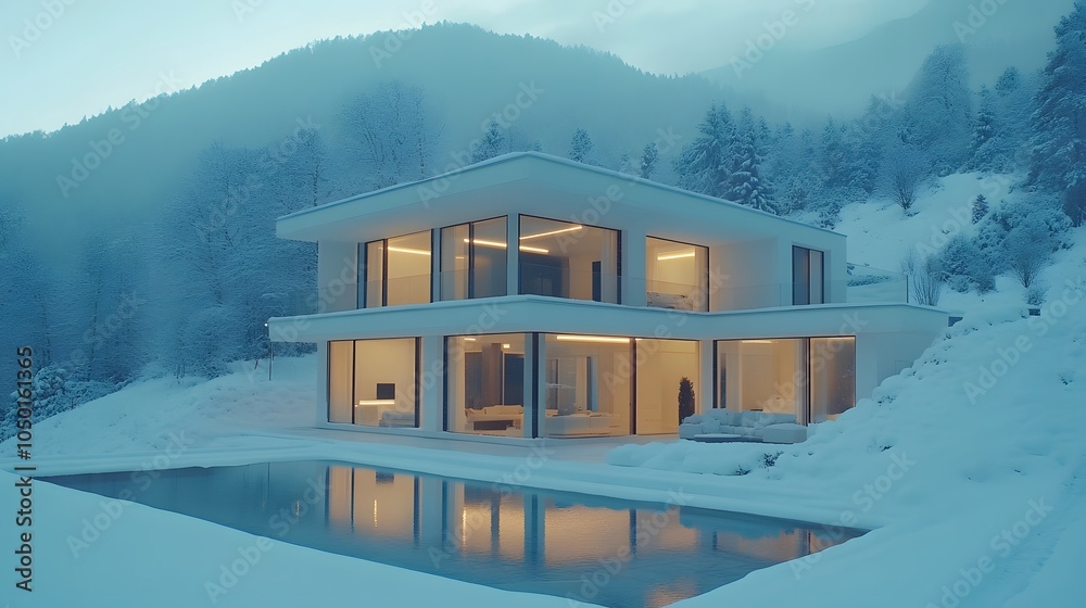 Modern white luxury villa with large windows, snow-covered landscape, contemporary architecture, warm interior lighting, minimalist design, winter evening, glass facade, geometric shapes, snowy surrou Modern white luxury villa with large windows, snow-covered landscape, contemporary architecture, warm interior lighting, minimalist design, winter evening, glass facade, geometric shapes, snowy surrou