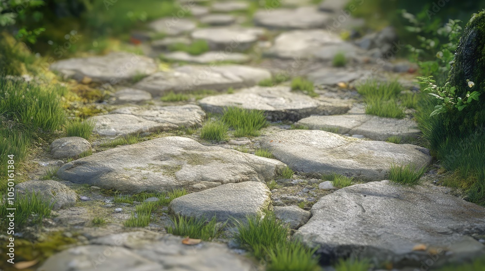 A weathered stone path in faded gray and pale brown tones, with moss and greenery softly blending into the worn surface A weathered stone path in faded gray and pale brown tones, with moss and greenery softly blending into the worn surface
