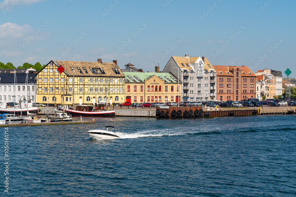 View from sea on port, marina and city of Landskrona, Southern Sweden