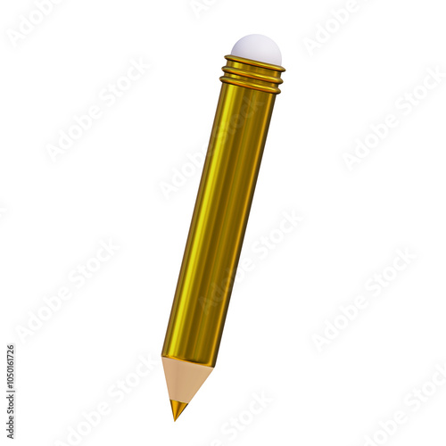Golden pencil with eraser on png transparent background.