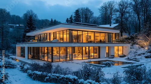 Modern white luxury villa with large windows, snow-covered landscape, contemporary architecture, warm interior lighting, minimalist design, winter evening, glass facade, geometric shapes, snowy surrou