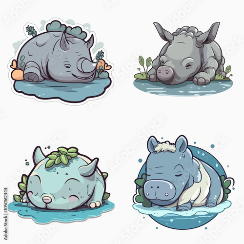 collection of four animal stickers, each with a different animal sleeping in a body of water rhinoceros