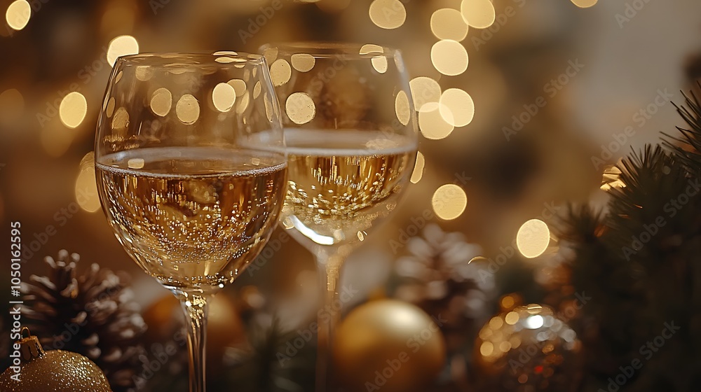 Sparkling champagne glasses with Christmas decorations, golden bokeh lights, festive setting, pine branches, silver and gold ornaments, pinecones, bubbling wine, elegant warm lighting, luxury celebrat Sparkling champagne glasses with Christmas decorations, golden bokeh lights, festive setting, pine branches, silver and gold ornaments, pinecones, bubbling wine, elegant warm lighting, luxury celebrat