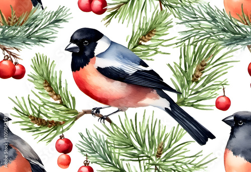 Watercolor painting of a bullfinch perched on a pine branch with snowflakes.