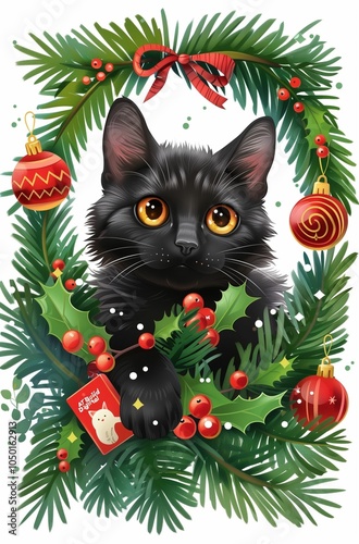 cute black cat in christmas wreath