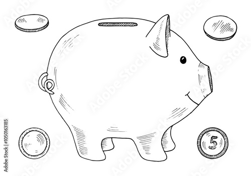 Vector illustration of a piggy bank, for savings and budgeting themes. This hand drawn clipart features a moneybox for kids, coins like pennies, nickels, and quarters. The clean line art drawing