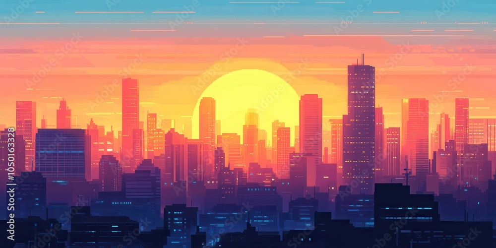 City skyline at sunset with vibrant colors and silhouettes of skyscrapers. City skyline at sunset with vibrant colors and silhouettes of skyscrapers.