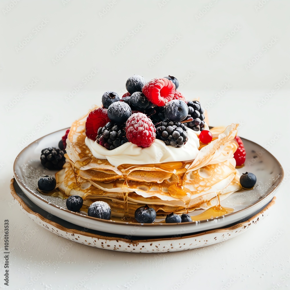 Stack of pancakes topped with whipped cream and berries. Stack of pancakes topped with whipped cream and berries.