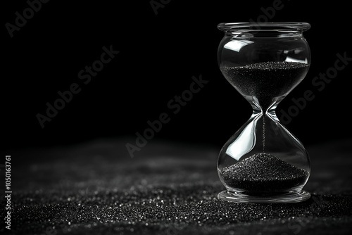 A sleek hourglass filled with black sand, set against a dark backdrop, symbolizing the passage of time and the inevitability of change.