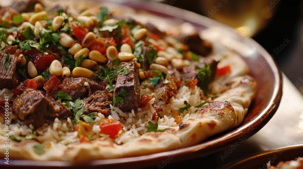 Traditional Jordanian Mansaf Platter with Lamb and Pine Nuts Traditional Jordanian Mansaf Platter with Lamb and Pine Nuts