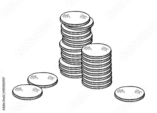 Vector illustration of a stack of coins currency. This hand drawn sketch features various coins, symbolizing financial growth and wealth management. The black and white outline art