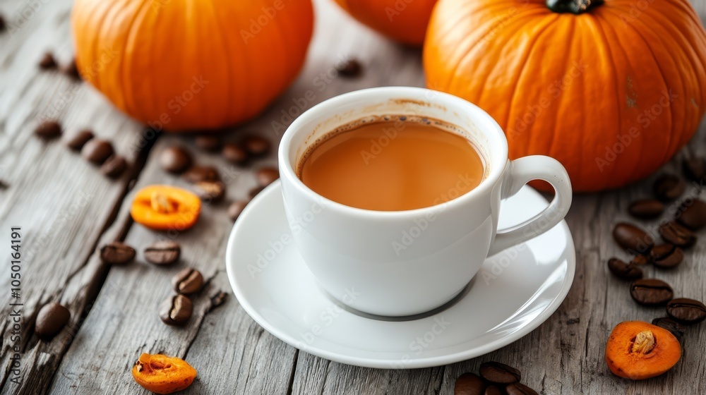 Warm Pumpkin Spice Coffee with Autumn Decor Warm Pumpkin Spice Coffee with Autumn Decor
