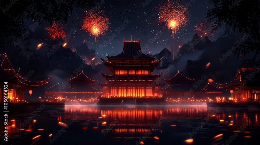 Fototapeta premium Enchanting night scene of a traditional temple with fireworks