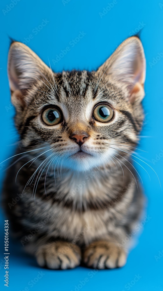 Cute Tabby Kitten Posing on Blue Background Cute Tabby Kitten Posing on Blue Background