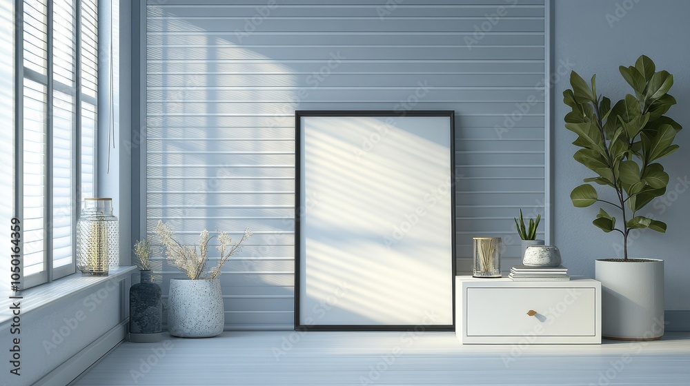 Window with blinds near white wardrobe and blank frame in bedroom at modern house. Window with blinds near white wardrobe and blank frame in bedroom at modern house.