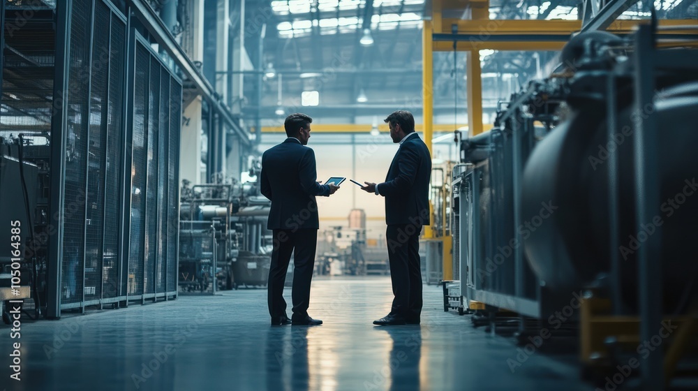 Two businessmen with tablet talking in a modern factory Two businessmen with tablet talking in a modern factory