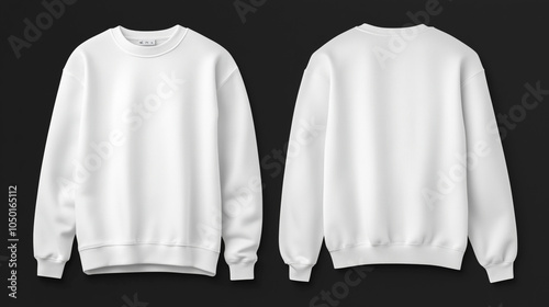 Plain white sweatshirt is presented from both front and back perspectives on black background. Perfect for branding, clothes mockup