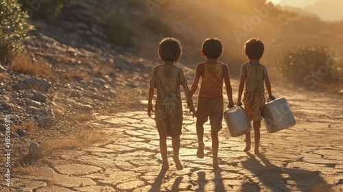 Two children stride purposefully across a sun-soaked, cracked landscape carrying water.