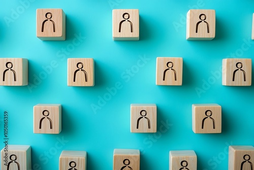 Blue Background with Wooden Blocks and Person Symbols - Equal Social Structure Concept photo