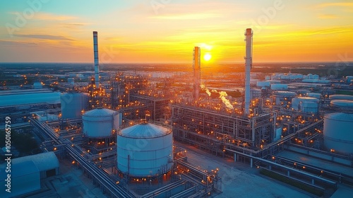 An aerial view of a refinery at sunrise showcases the expansive layout of fuel processing technology in harmony with the environment.