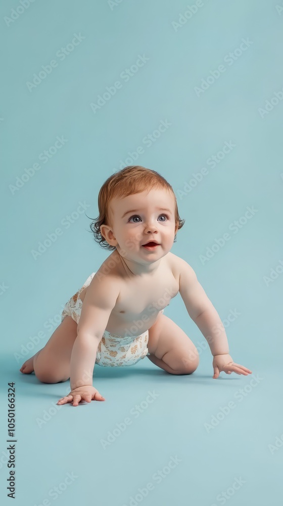 Adorable Baby Crawling on a Soft Blue Background Adorable Baby Crawling on a Soft Blue Background
